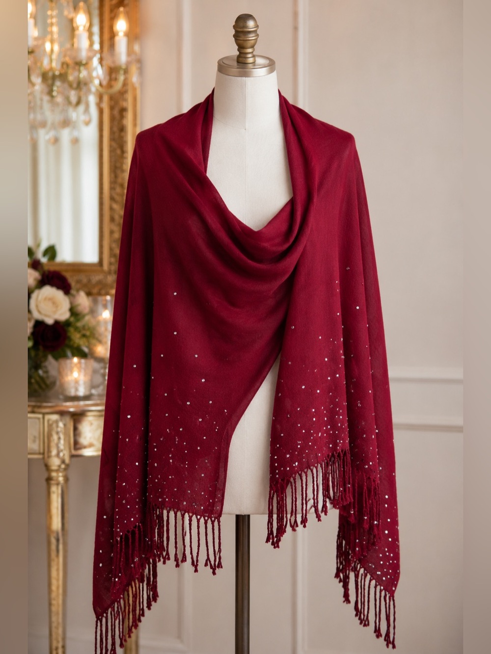 White House Black Market Garnet Rhinestone Fringe Wrap Shawl Scarf